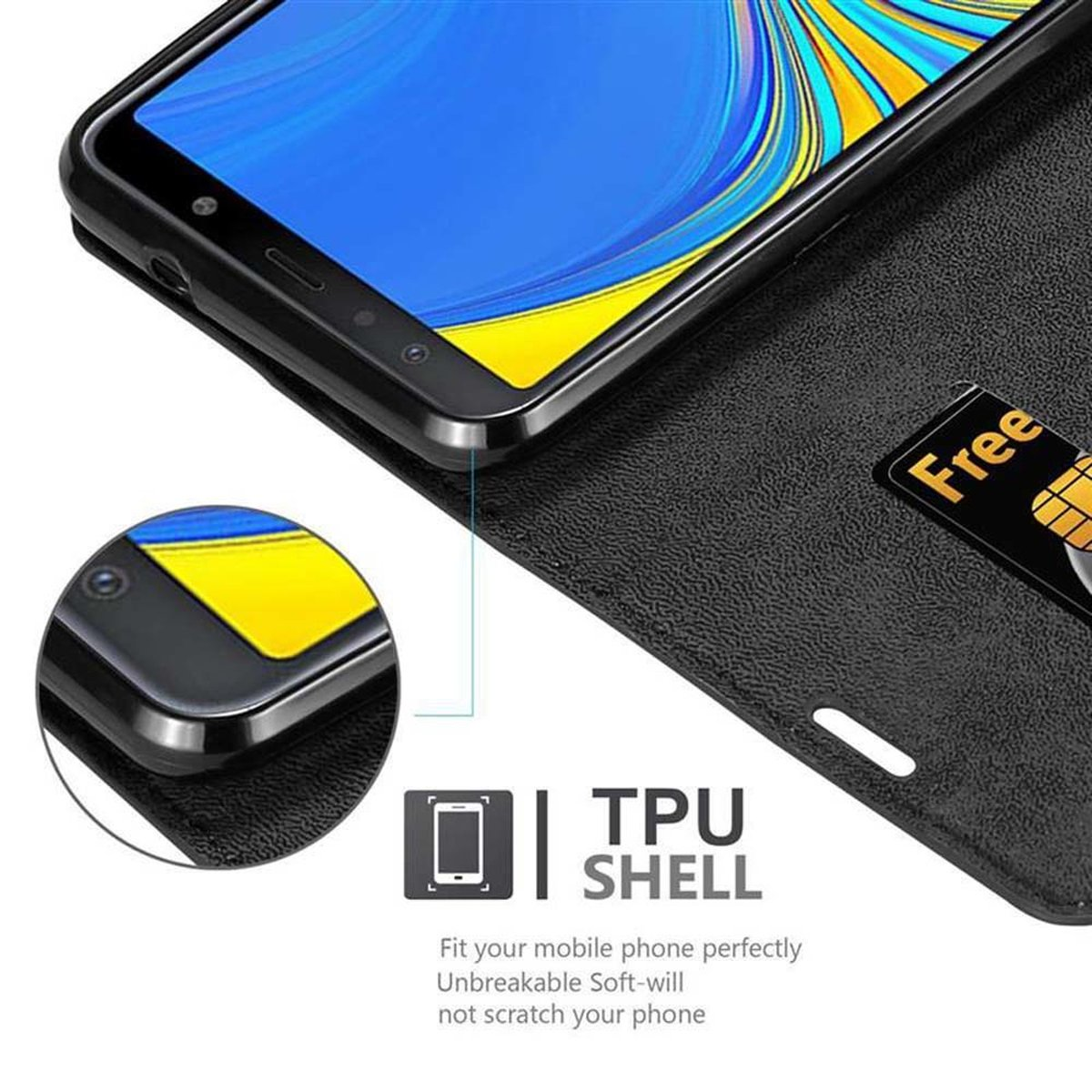 Telefono in una custodia nera con una carta. Testo: TPU SHELL. I dettagli del telefono sono visibili.