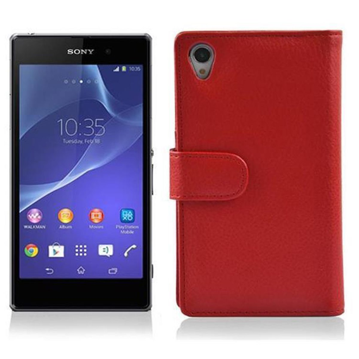 Un teléfono Sony y una funda roja. El teléfono está a la izquierda, la funda a la derecha.