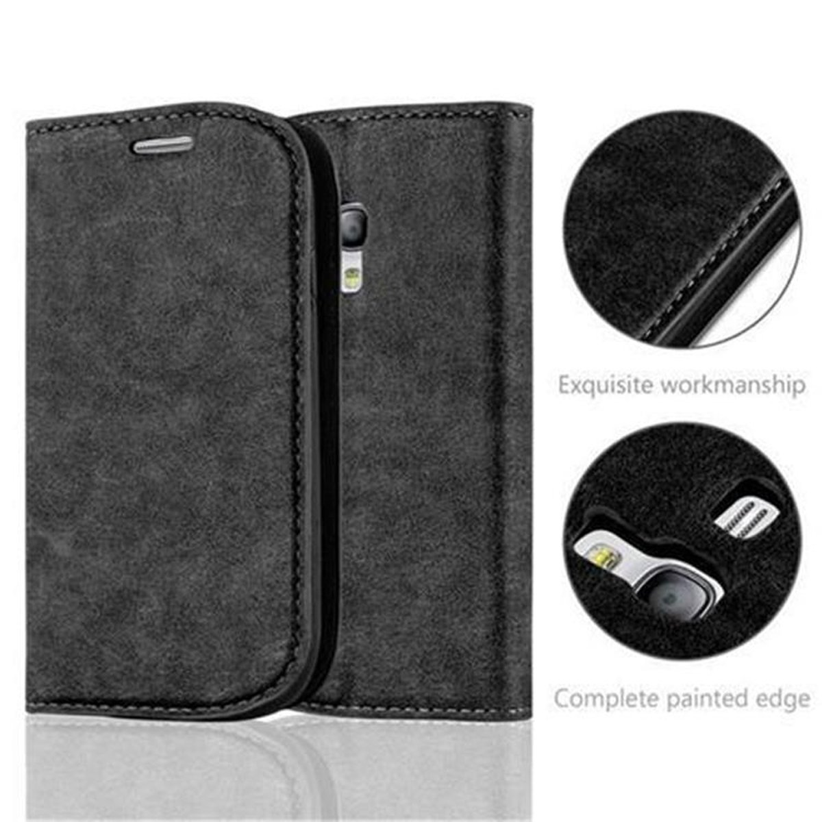 Funda de teléfono negra abierta, mostrando la forma del teléfono. Primeros planos: costuras y orificio cámara.