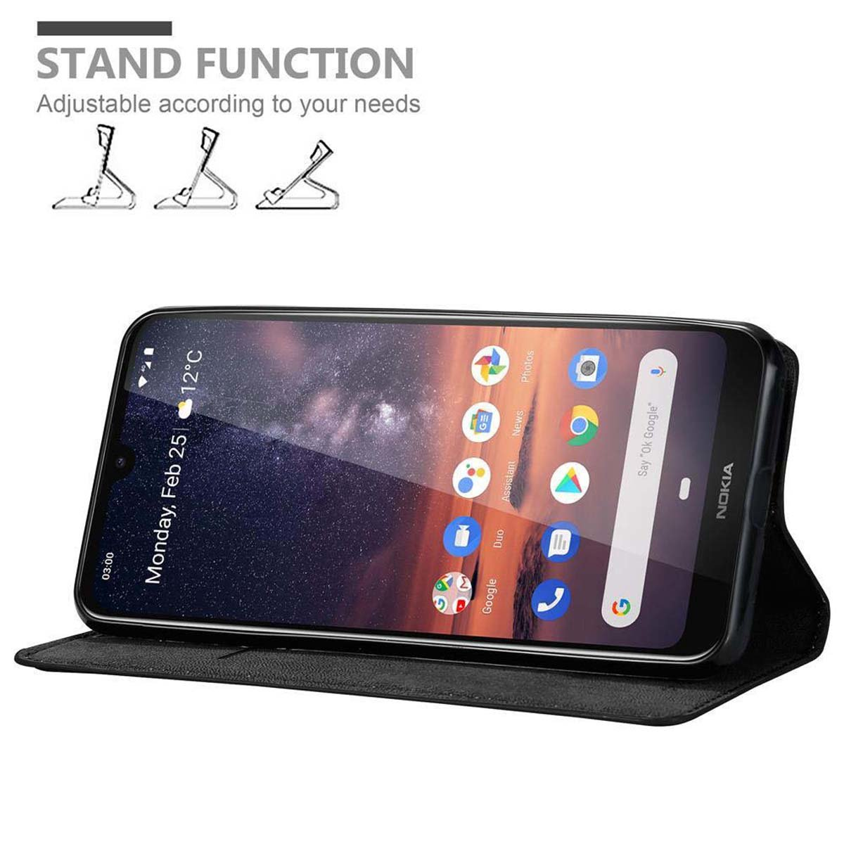 Telefono Nokia in una custodia a libro nera, aperto e sollevato per visualizzare lo schermo.