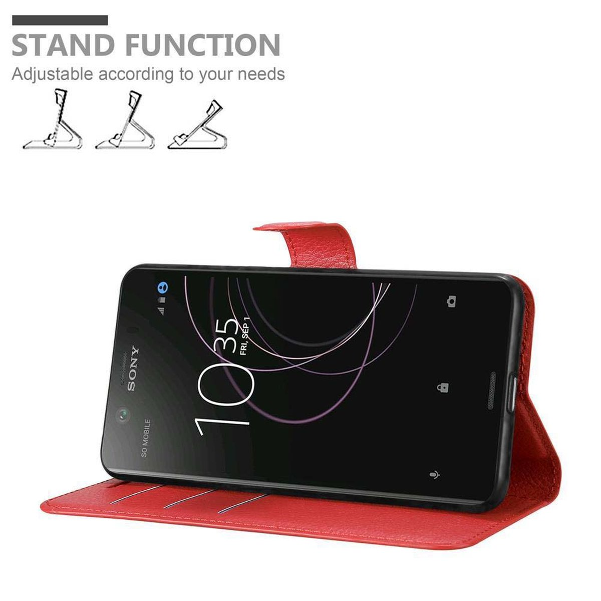 Rote Handyhülle mit Telefon, das den Bildschirm zeigt. Es kann als Ständer verwendet werden.