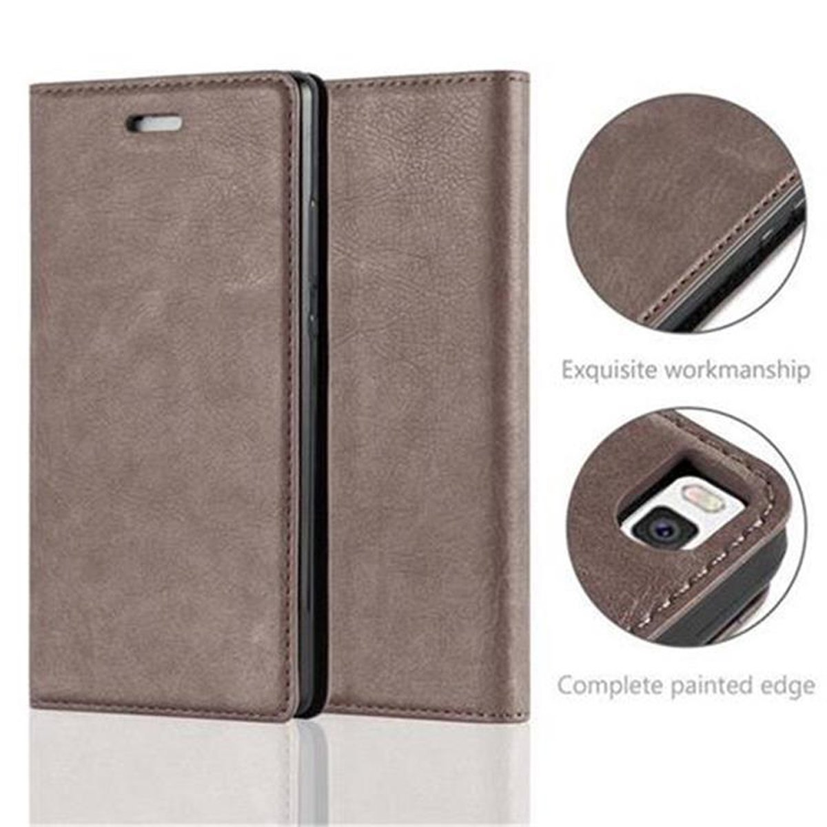 Funda de cuero marrón para teléfono con costuras, abierta y dos vistas detalladas.