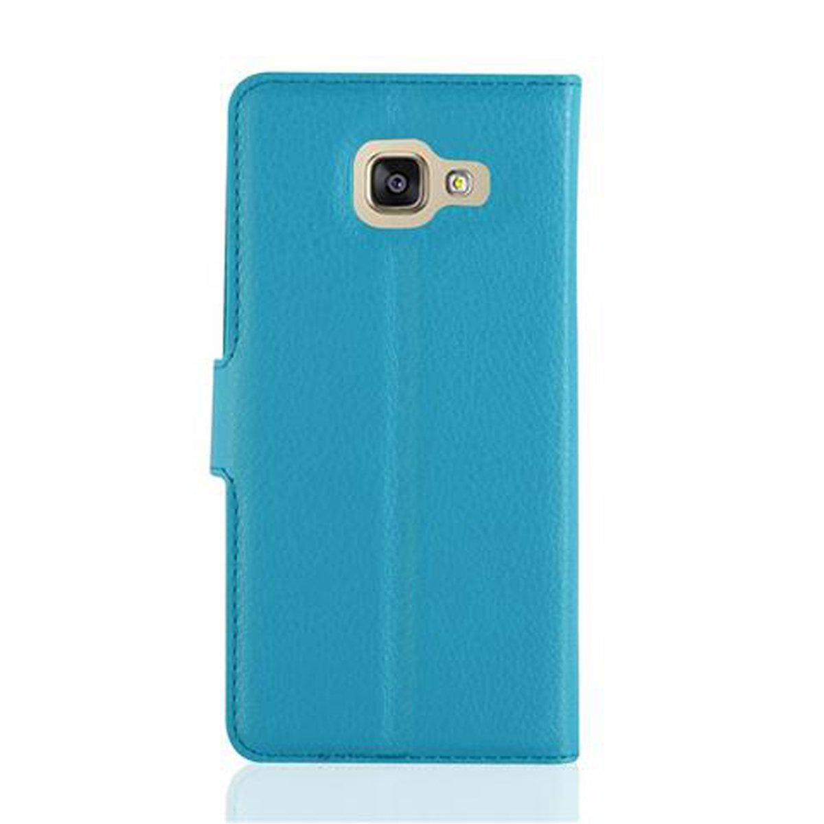 Custodia per telefono blu. La custodia copre la parte posteriore del telefono, mostrando l'obiettivo della fotocamera.