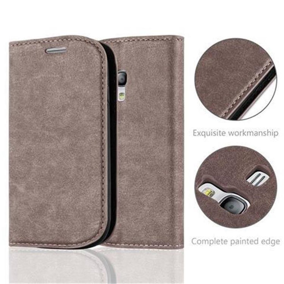 Funda de teléfono de cuero marrón, abierta, con un teléfono dentro. Detalles de la funda a la derecha, mostrando características.