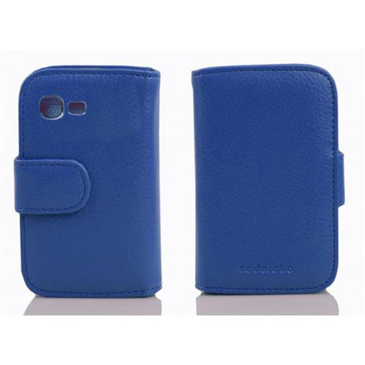 Funda de teléfono de cuero azul. Frente muestra el teléfono, la parte trasera es azul. Cierre magnético.