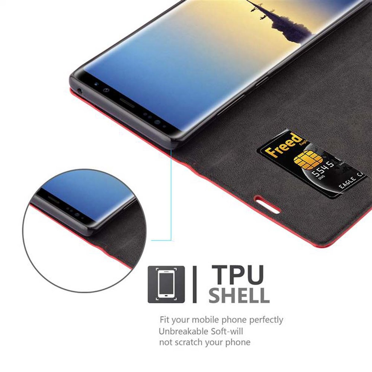 Telefono in una custodia foderata di rosso, con carta di credito visibile. Grafica del guscio in TPU in basso.