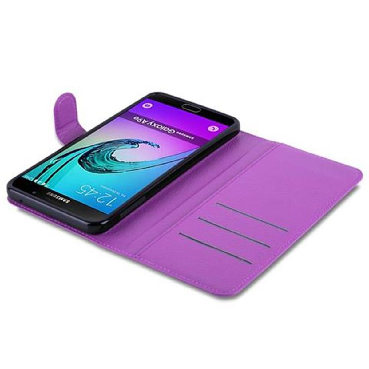 Custodia viola con telefono all'interno. Il telefono mostra l'ora 12:45. La custodia è aperta, rivelando telefono e slot.