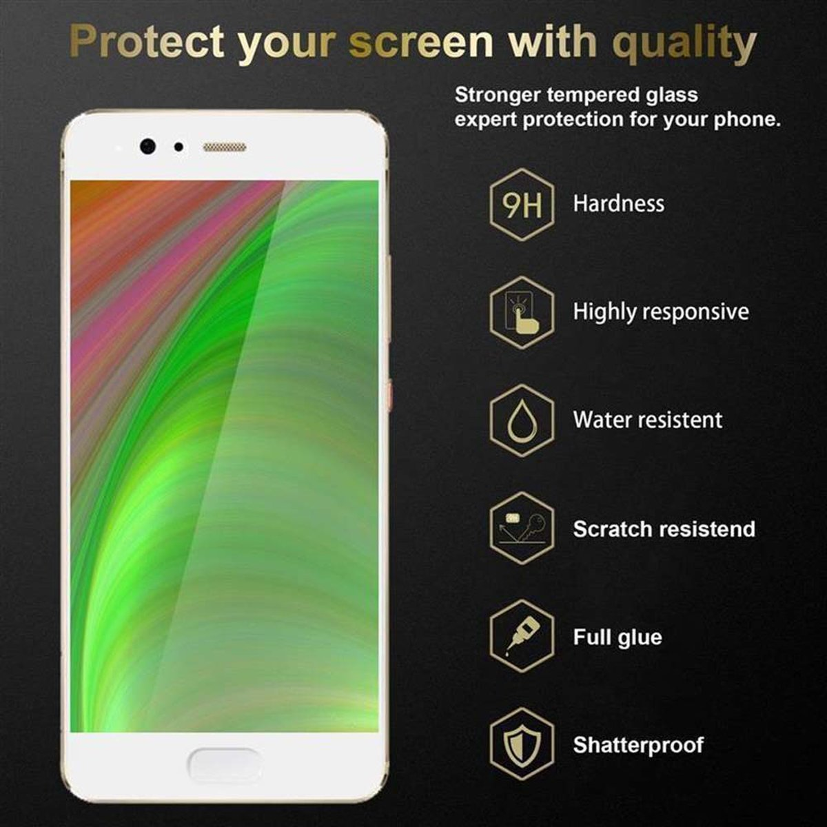 Smartphone con protezione schermo in vetro applicata. Lo schermo mostra uno sfondo colorato.