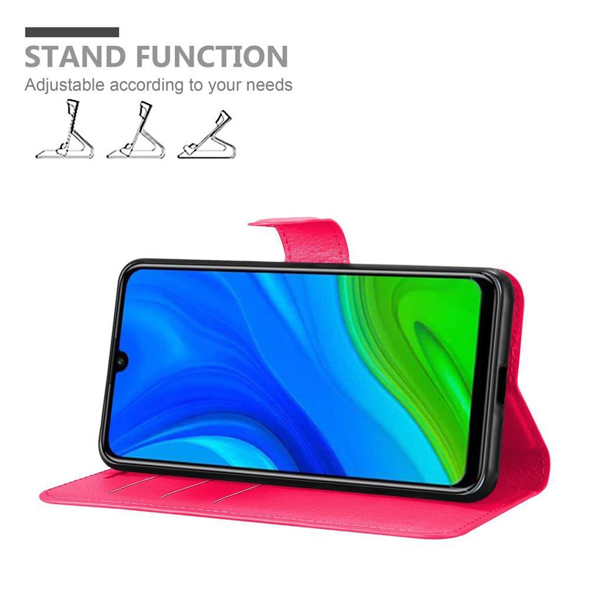 Smartphone in una custodia rosa. La custodia ha una funzione di supporto con angoli regolabili.