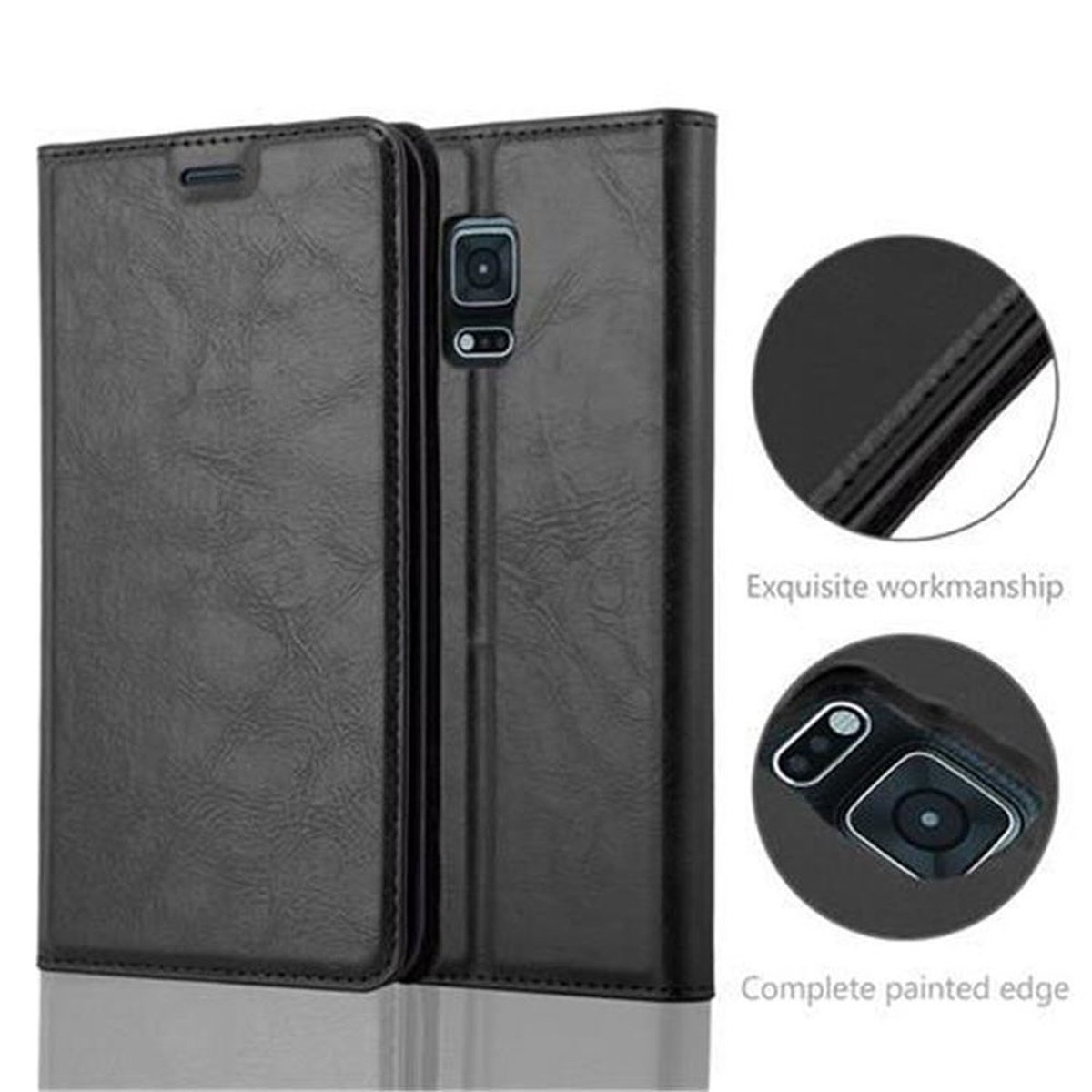 Schwarze Handyhülle mit Telefon. Die Hülle ist aus Leder und hat exquisite Verarbeitung und einen lackierten Rand.