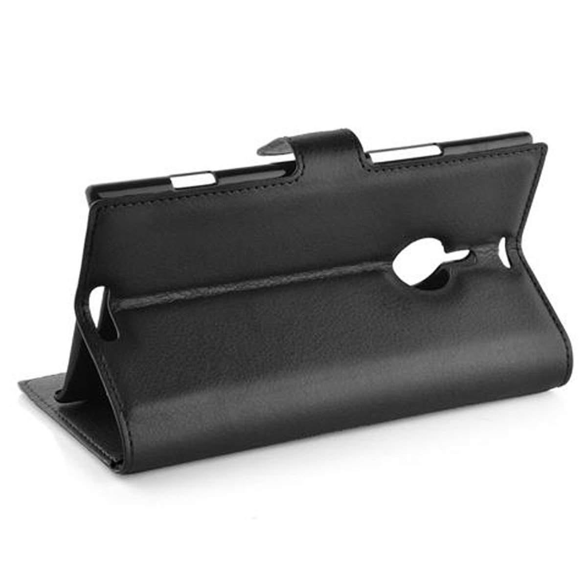 Custodia per tablet in pelle nera. Dispone di fori per i pulsanti e chiusura sicura.