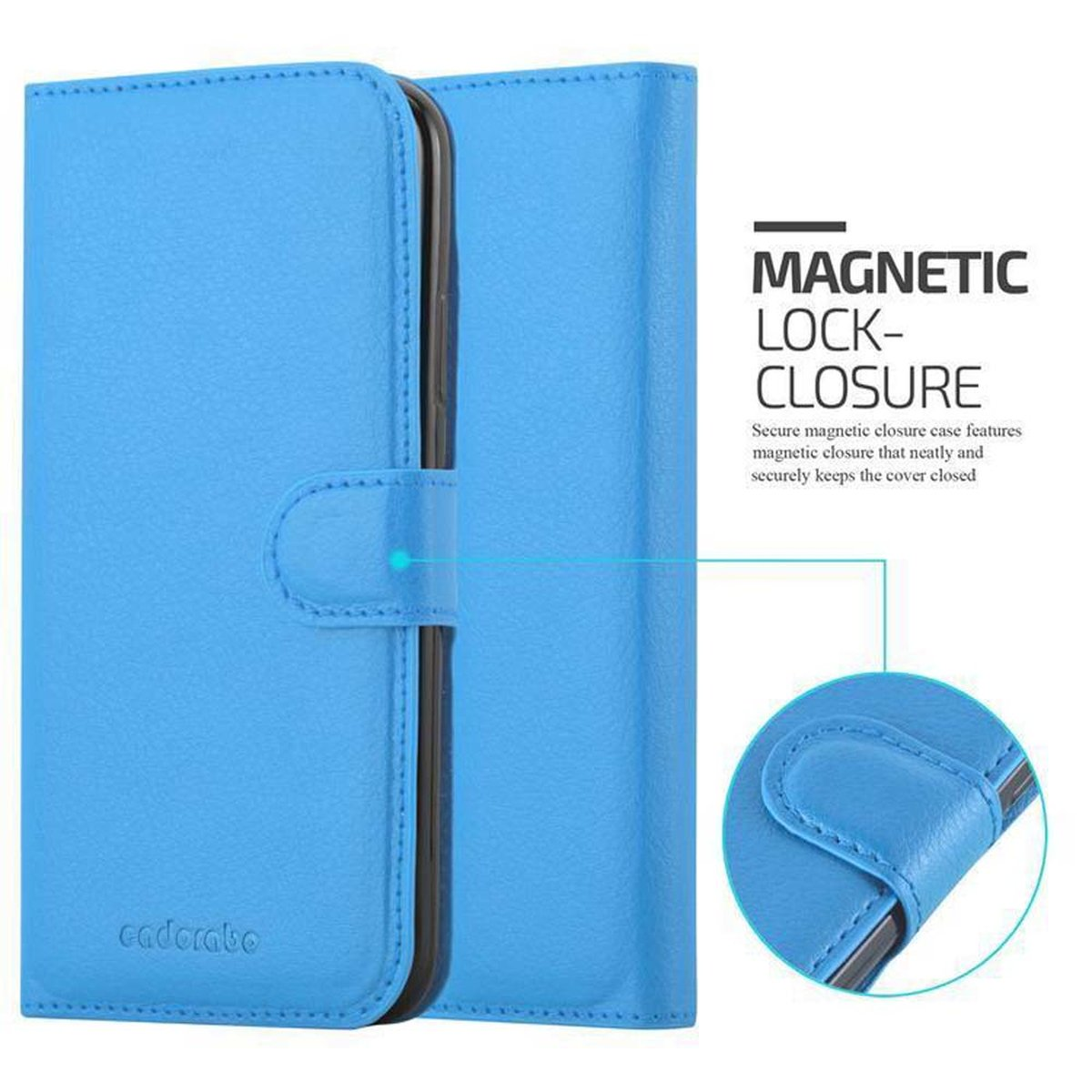 Una custodia blu con chiusura magnetica e il marchio 'cadorabo'.