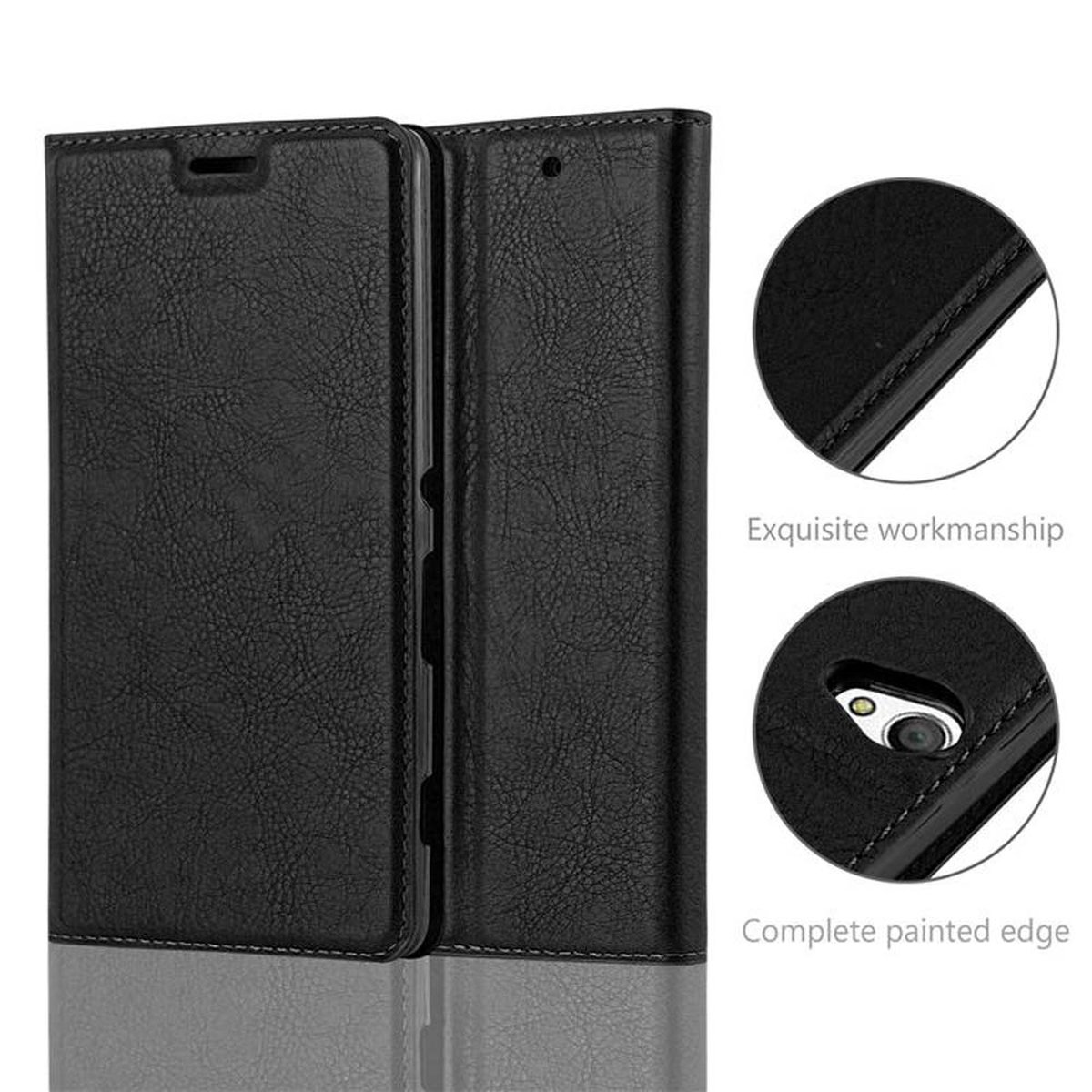 Una funda negra para teléfono y primeros planos de los detalles.