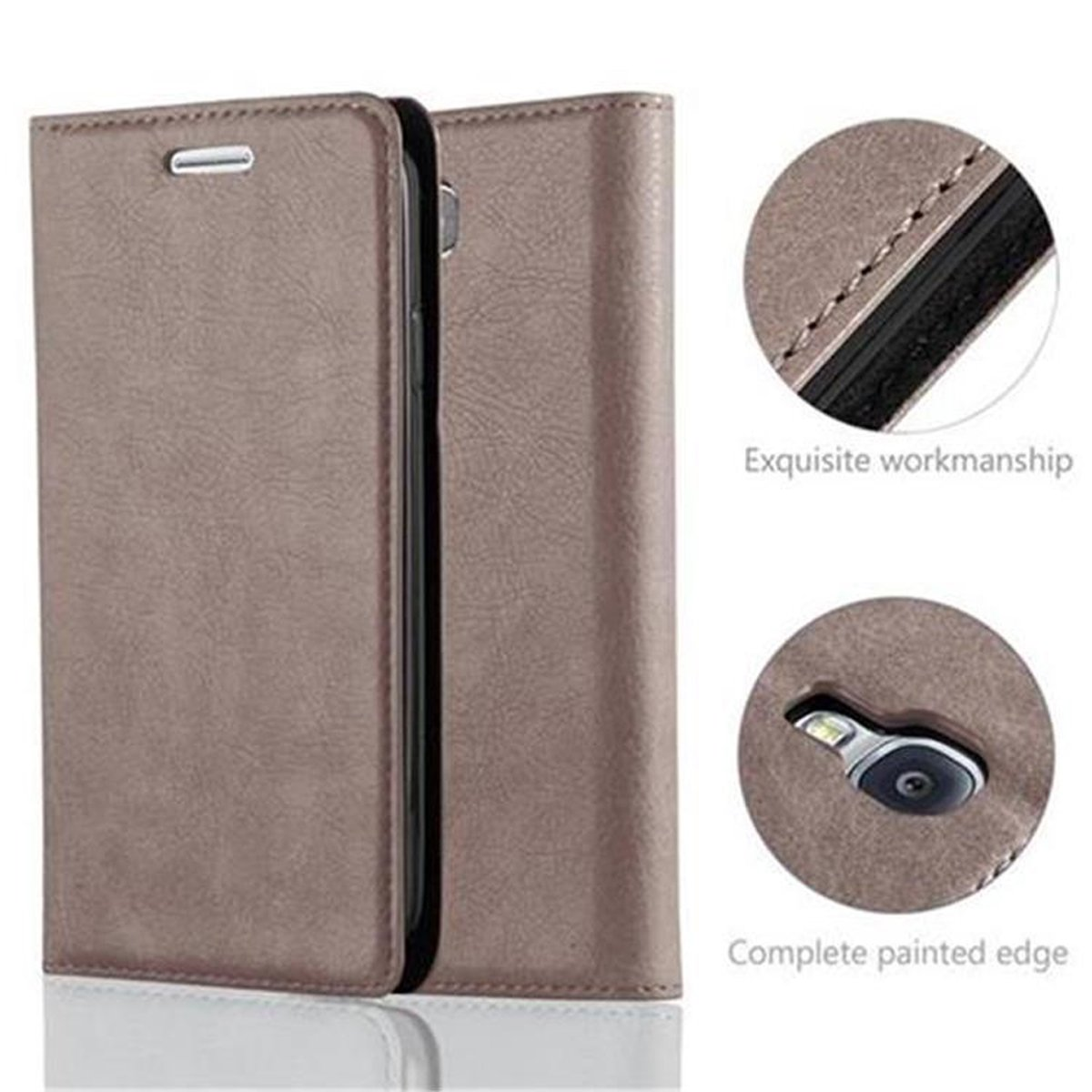 Funda de teléfono de cuero marrón, cerrada y abierta. La funda abierta muestra el teléfono y detalles de diseño.
