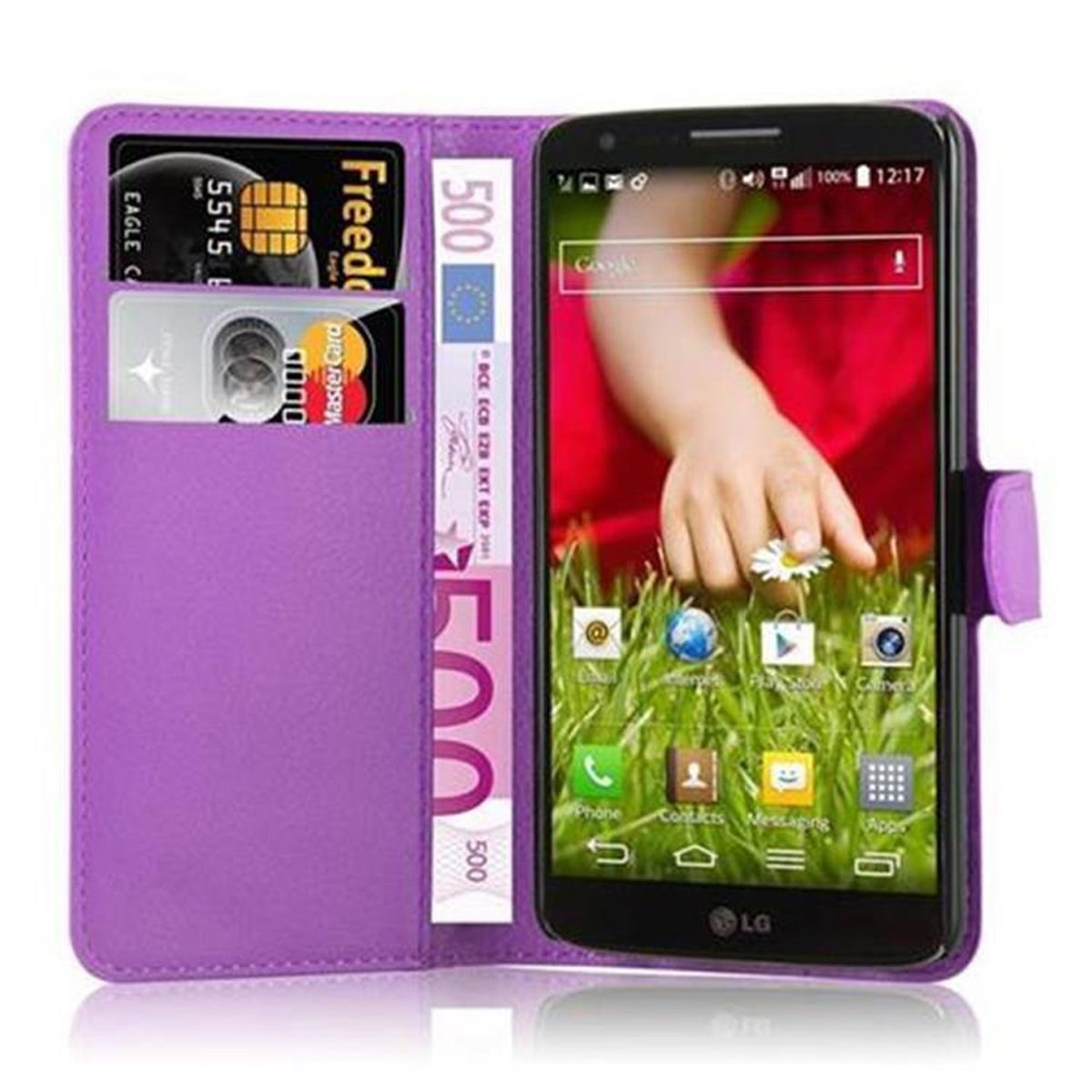 Lila Handyhülle, offen. Im Inneren gibt es Schlitze für Karten und Geld. Telefon mit sichtbaren Apps.