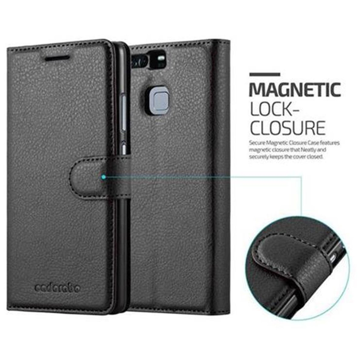 Schwarze Handyhülle mit Magnetverschluss. Text: 'Magnetic Lock-Closure'. Nahaufnahme Details.