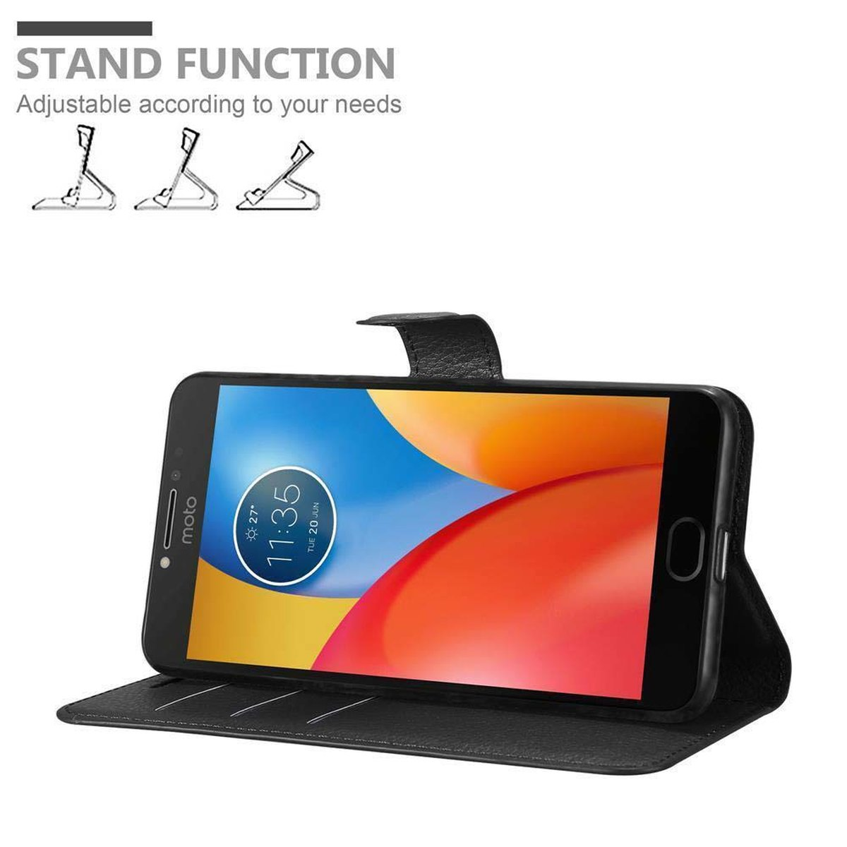 Schwarze Handyhülle mit Telefon darin, offen und stehend. Standfunktion ist darauf geschrieben.