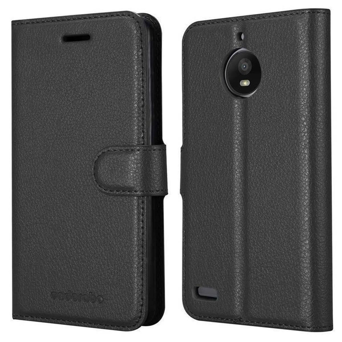 Schwarze Leder-Handyhülle, offen und geschlossen. Telefon innen sichtbar. Weißer Hintergrund.