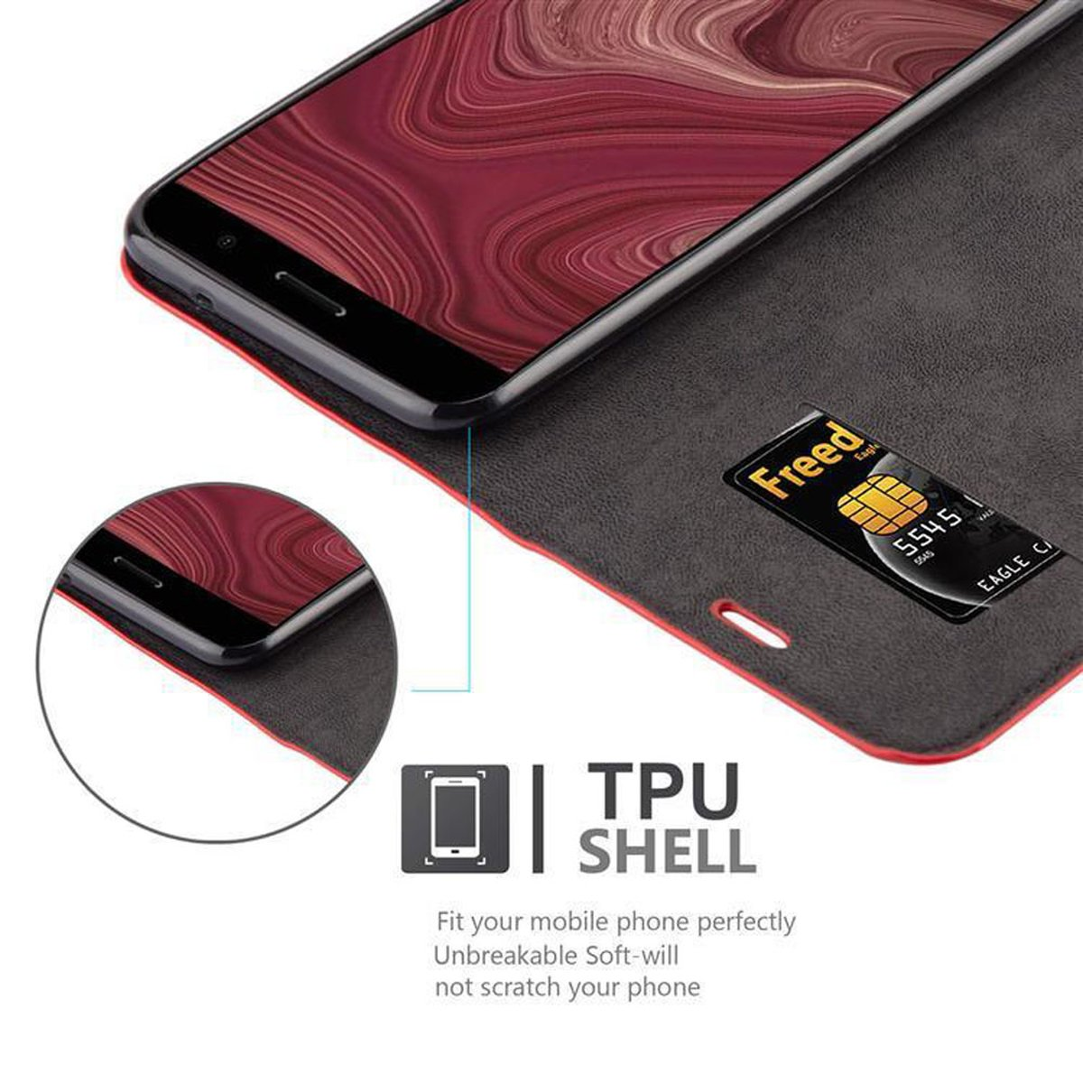 Telefon in einer offenen Hülle mit Kreditkarte. Text: 'TPU Shell' und 'Passen Sie Ihr Handy perfekt an'.