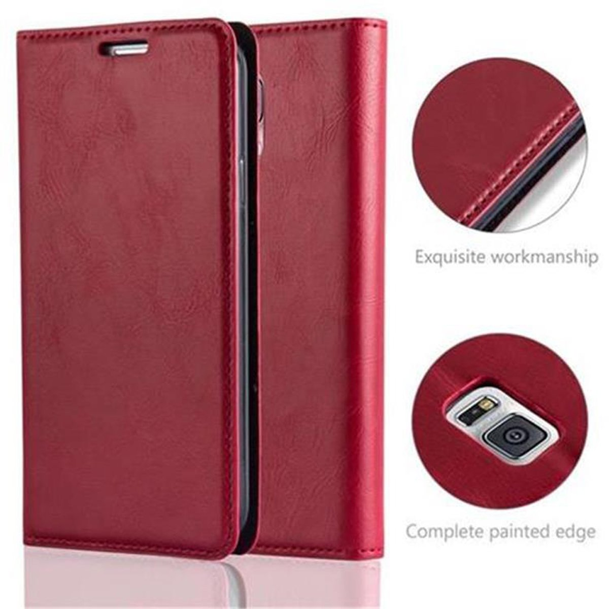 Funda de teléfono de cuero rojo abierta. Muestra el teléfono y detalles de las costuras y el orificio de la cámara.