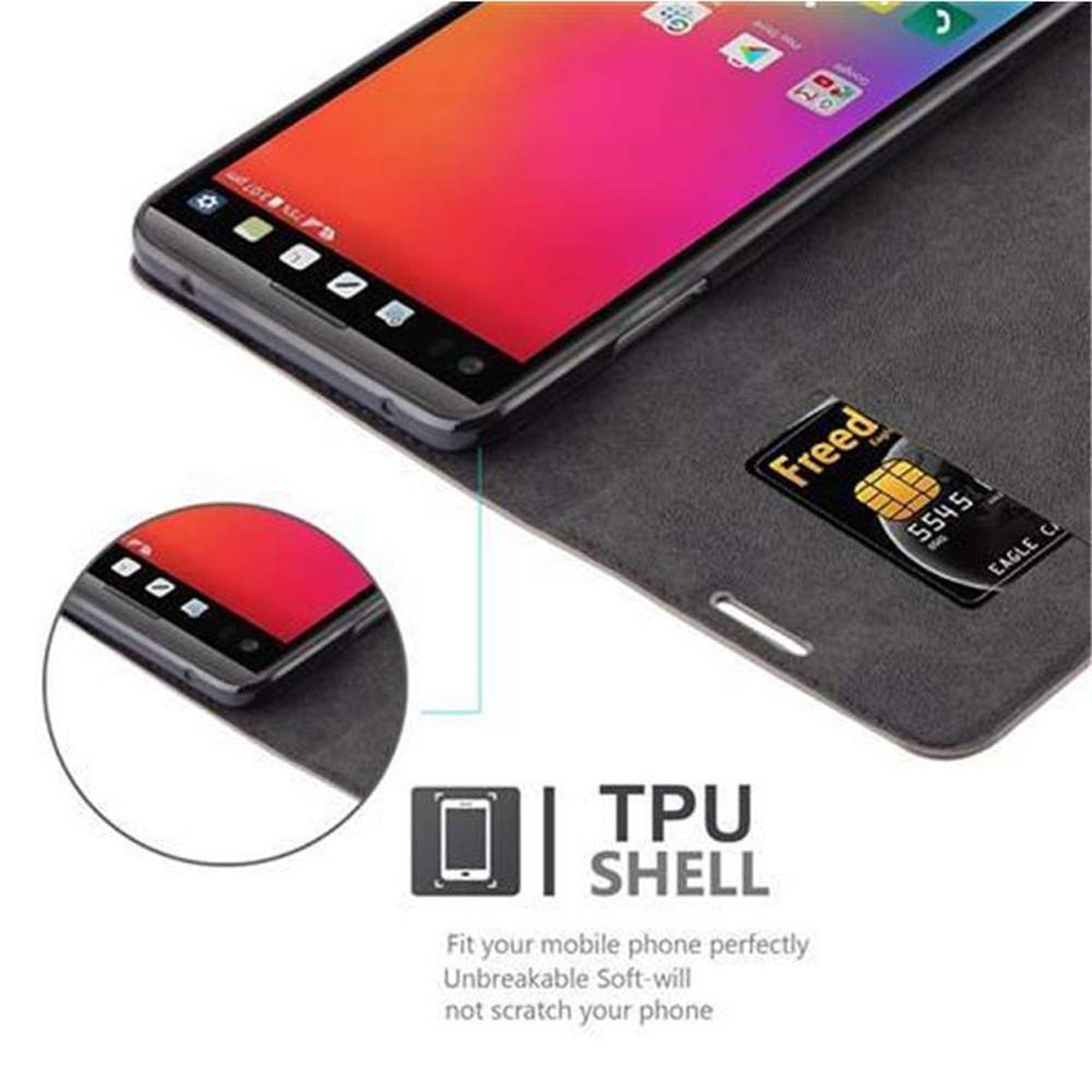 Funda de teléfono negra con teléfono y tarjeta de crédito Freed. La funda tiene una carcasa de TPU.