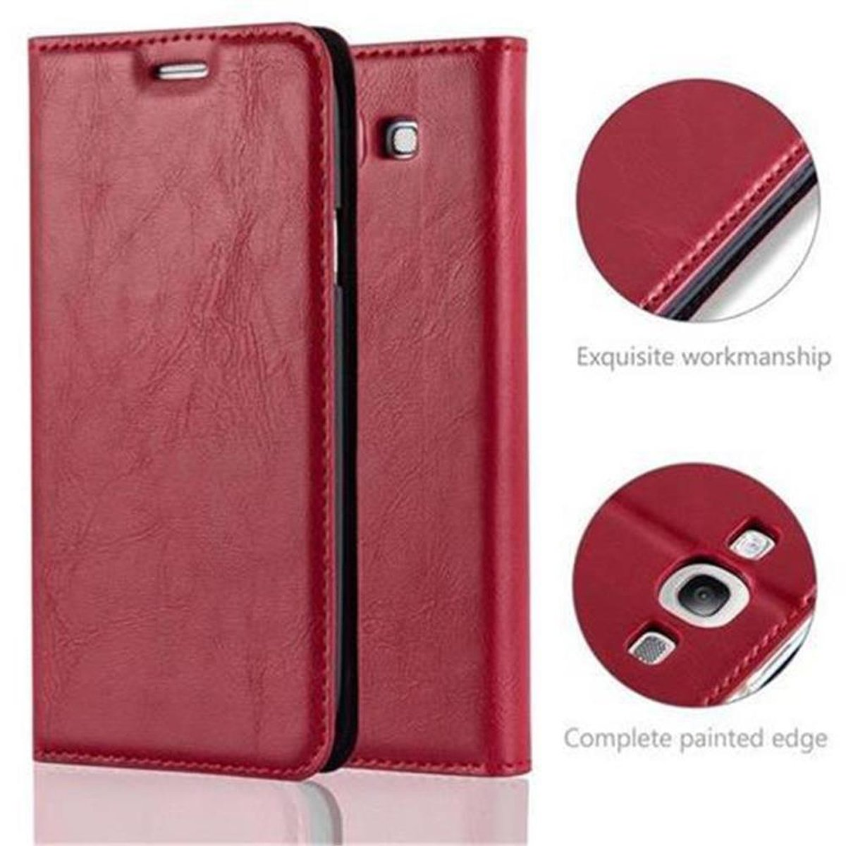 Funda de teléfono de cuero roja. La funda está abierta, mostrando el interior y un primer plano de las costuras y los bordes.