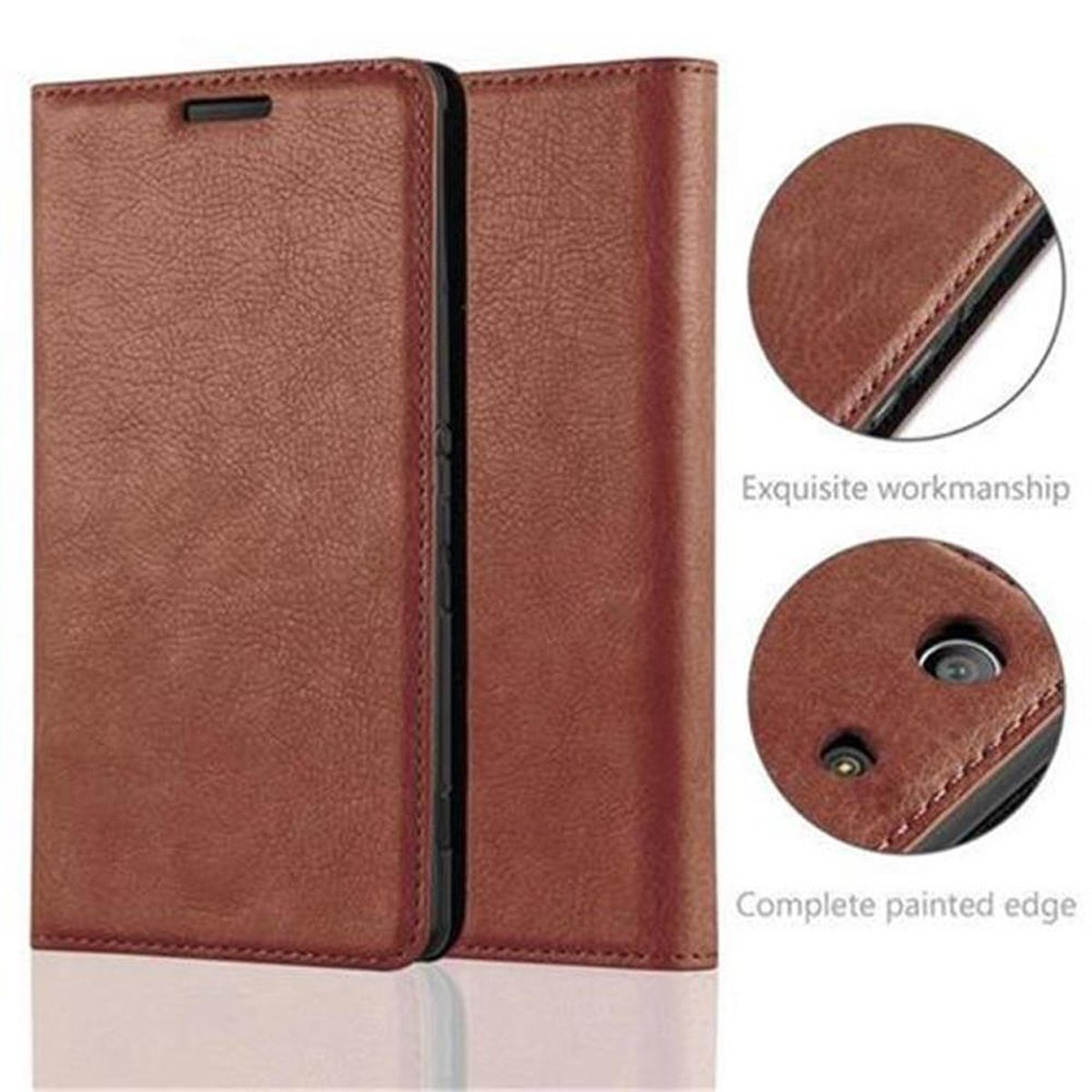Funda marrón para teléfono con dos primeros planos. Muestra la artesanía y el borde pintado.