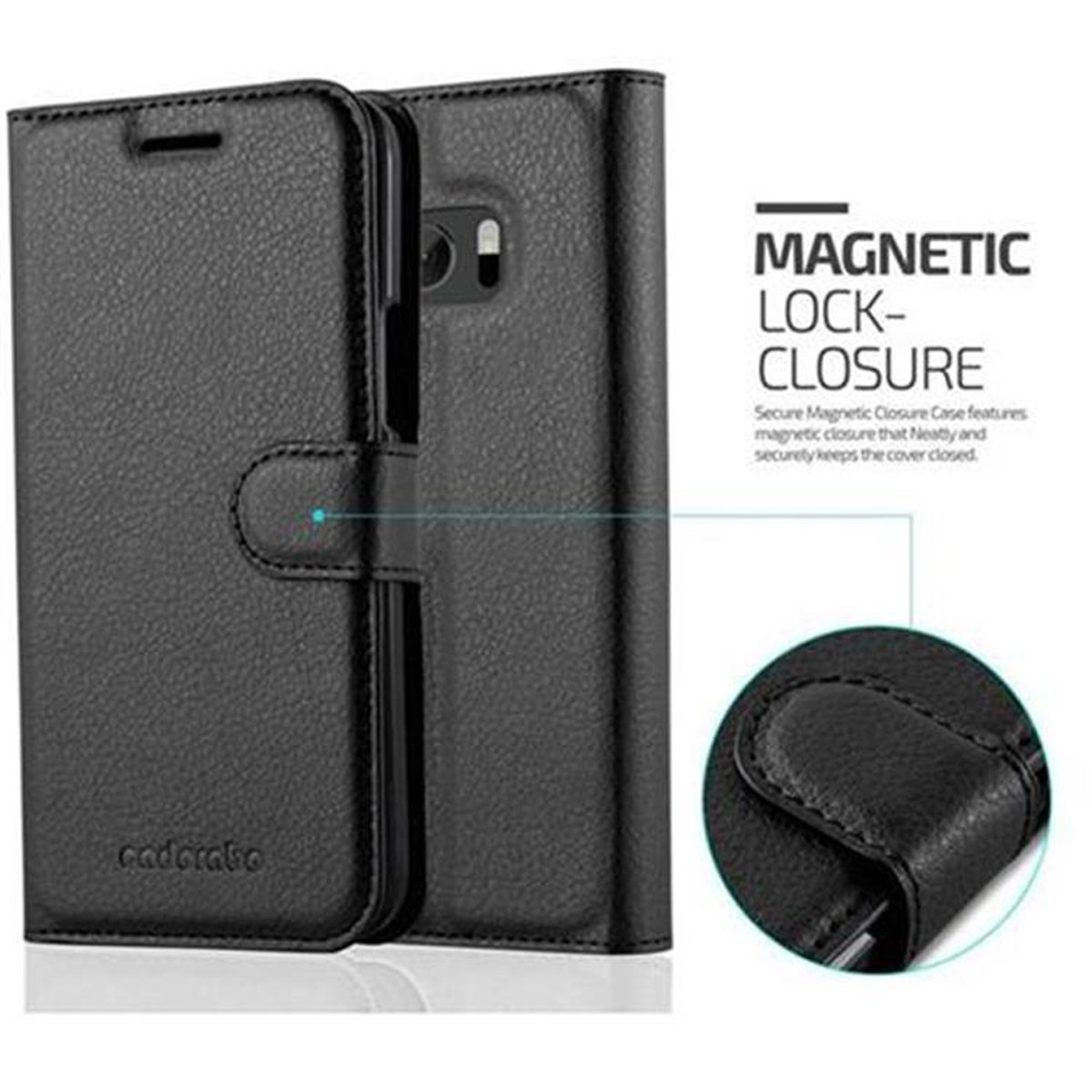 Custodia in pelle nera, chiusa e aperta, che mostra una chiusura magnetica. Testo: 'Chiusura magnetica'.
