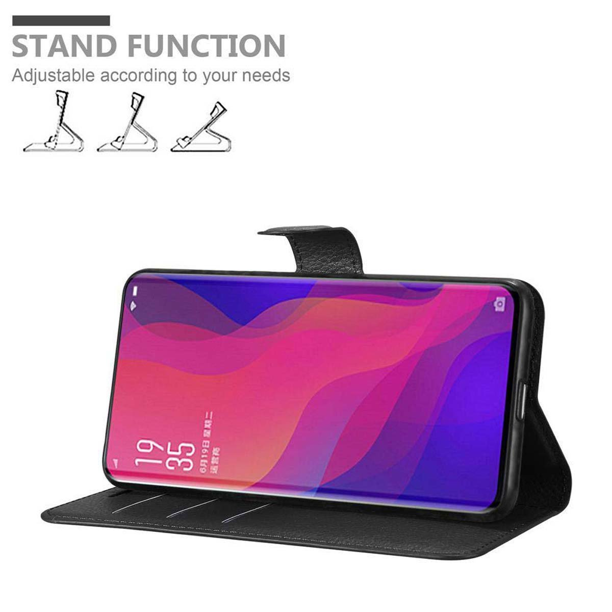 Custodia per telefono nera con telefono all'interno, aperta per stare in piedi. Funzione supporto regolabile dimostrata.