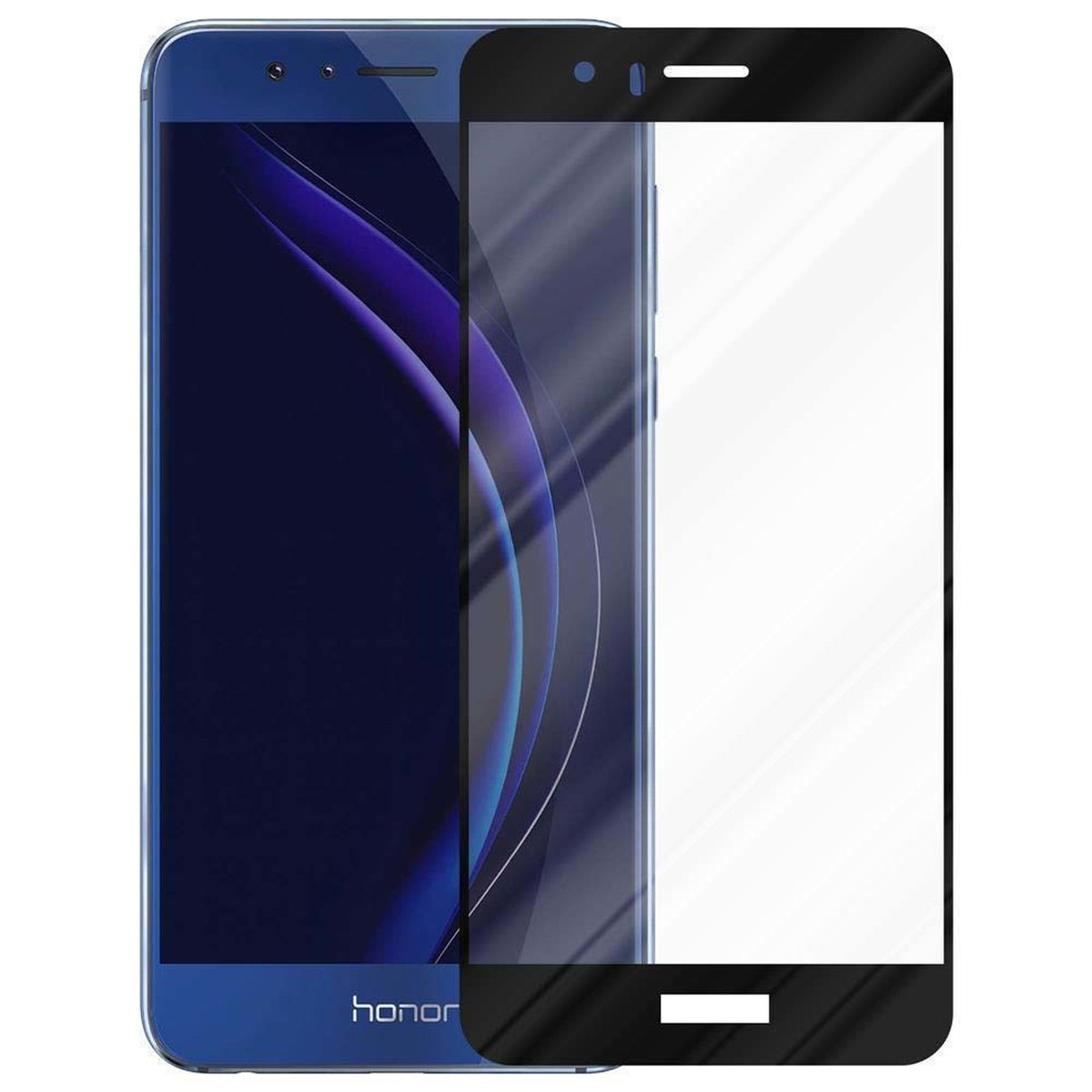 Un telefono con una protezione per lo schermo applicata, insieme alla confezione della protezione.