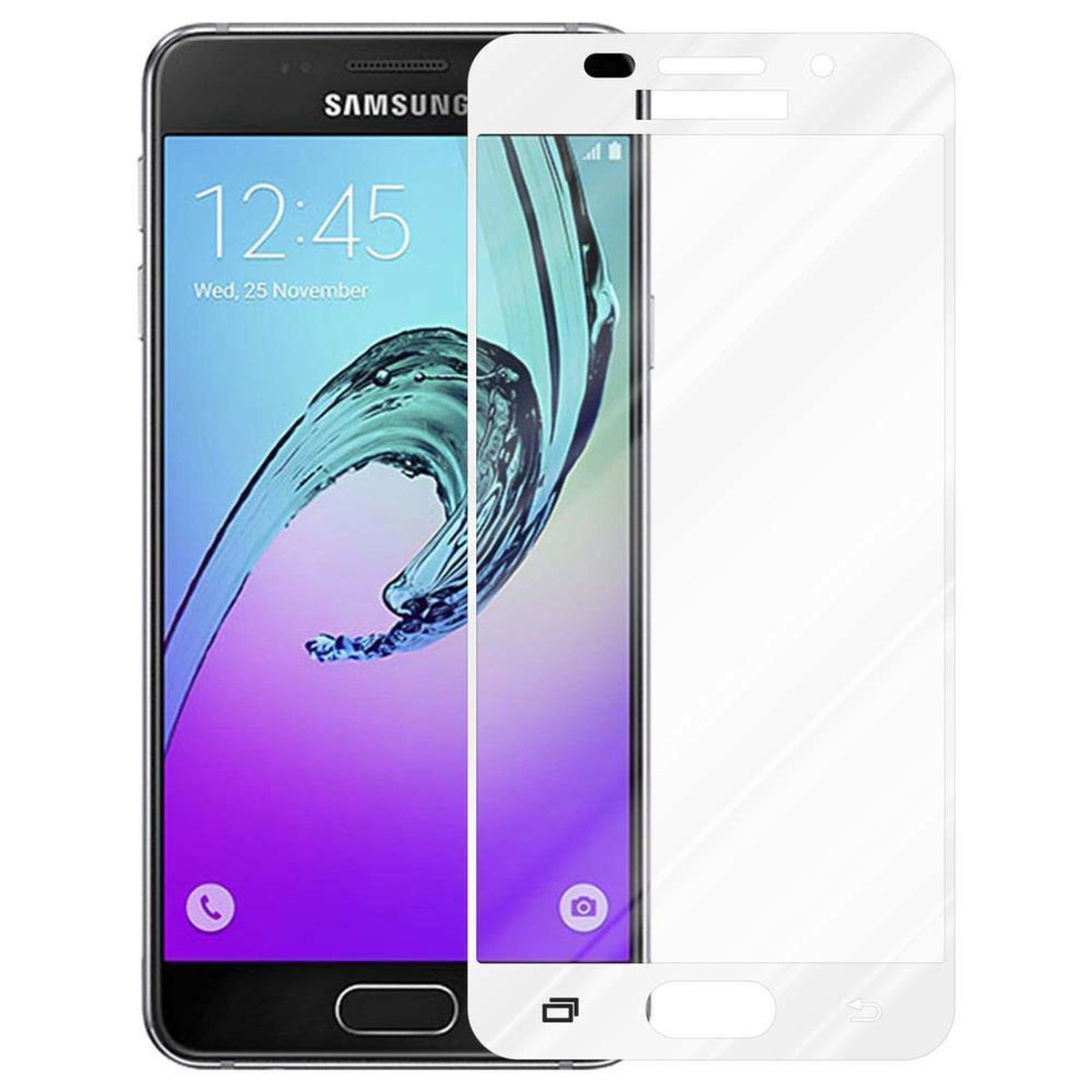 Teléfono Samsung y protector de pantalla. El teléfono muestra la hora y la fecha.