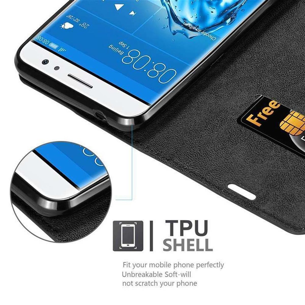 Un telefono nero in una custodia, una carta e testo: TPU SHELL. Lo schermo mostra l'ora e la data.