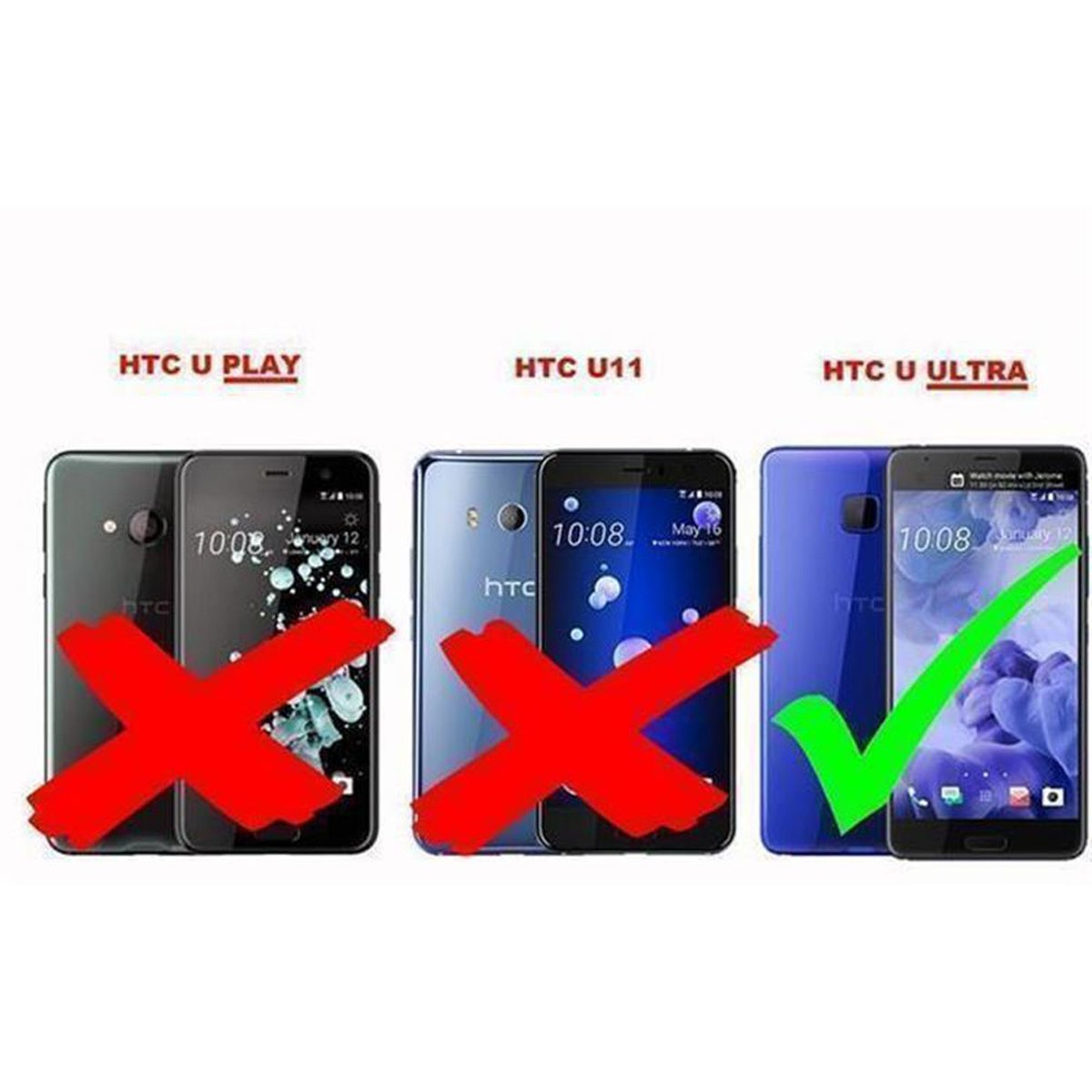 Tre telefoni affiancati. Il segno di spunta verde mostra che l'HTC U Ultra è il telefono corretto.