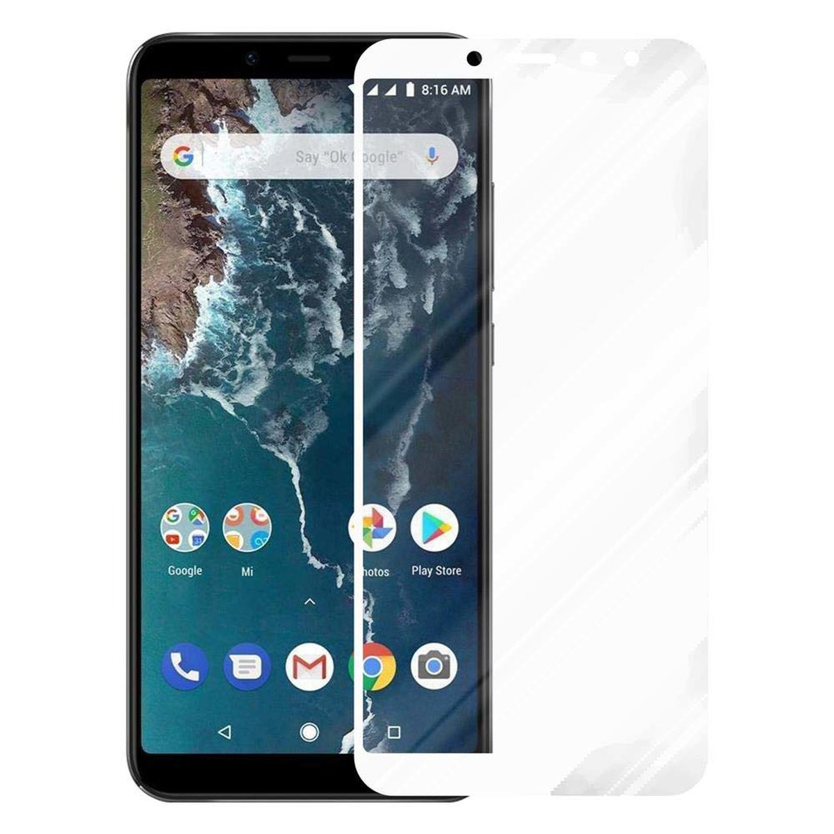 Uno smartphone con protezione schermo, che mostra lo schermo del telefono e la protezione sovrapposta.