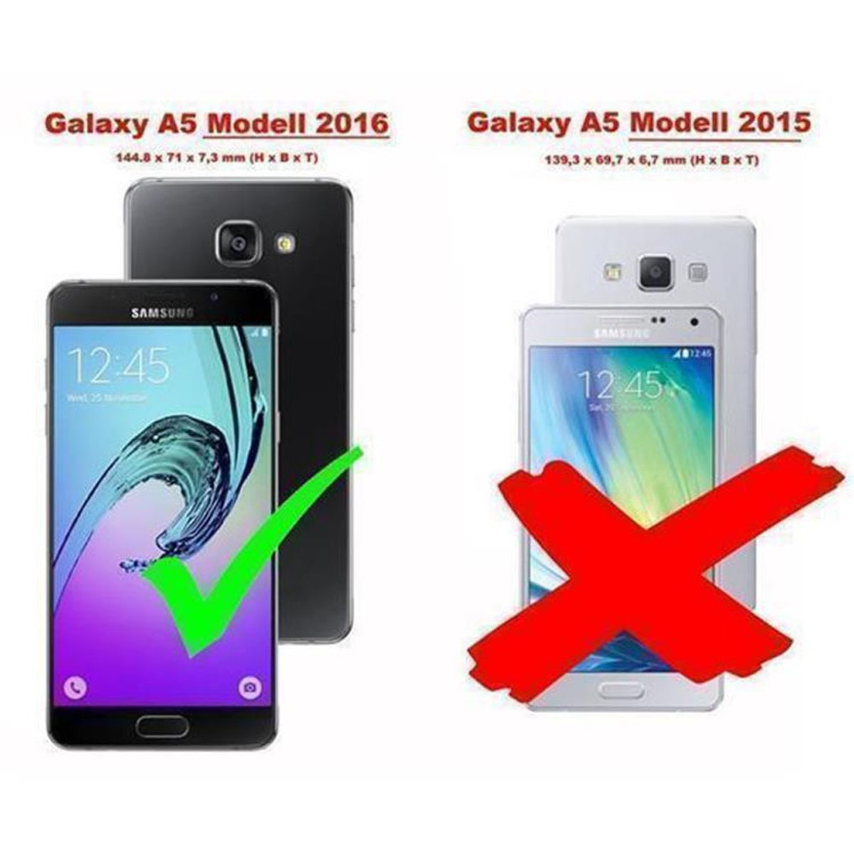 Due telefoni, uno nero e uno bianco, che mostrano la differenza tra i modelli Galaxy A5 del 2016 e 2015.
