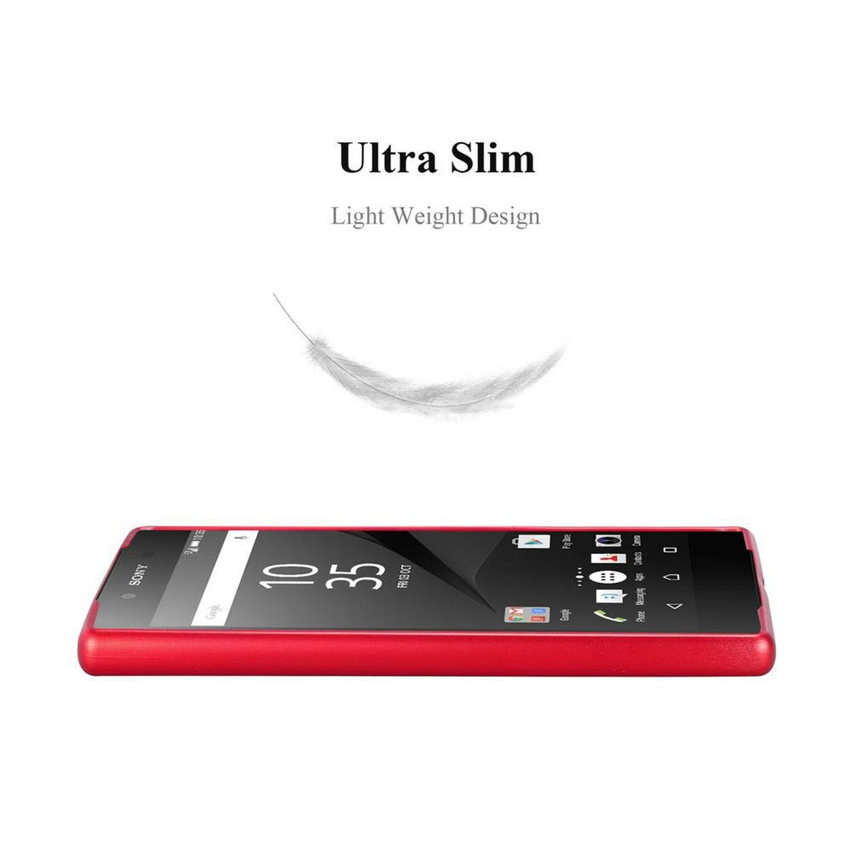Uno smartphone rosso visto di lato, con una piuma sopra.
