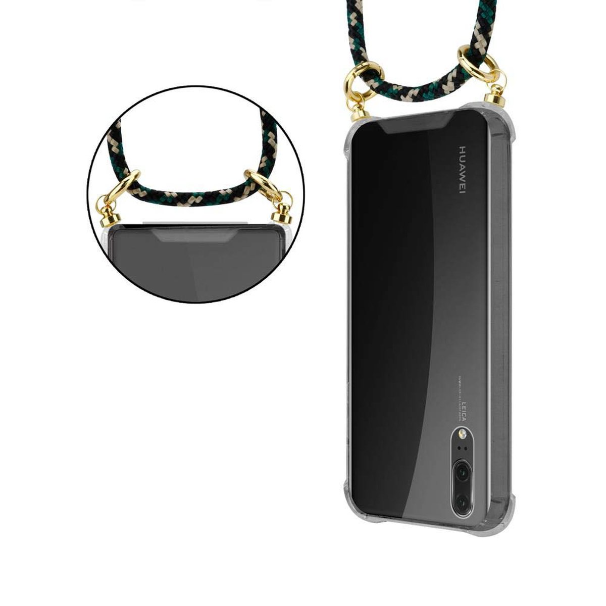 Backcover, Kette Band und Handy Huawei, P20, Kordel Hülle, CADORABO CAMOUFLAGE abnehmbarer Ringen, mit Gold