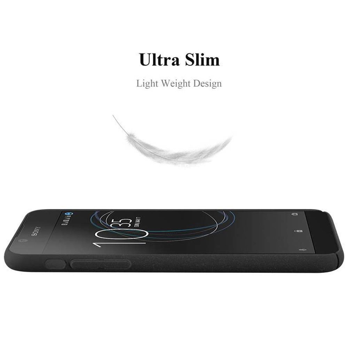 Telefono nero con ora, grafica piuma e testo 'Ultra Slim, Light Weight Design' su sfondo bianco.