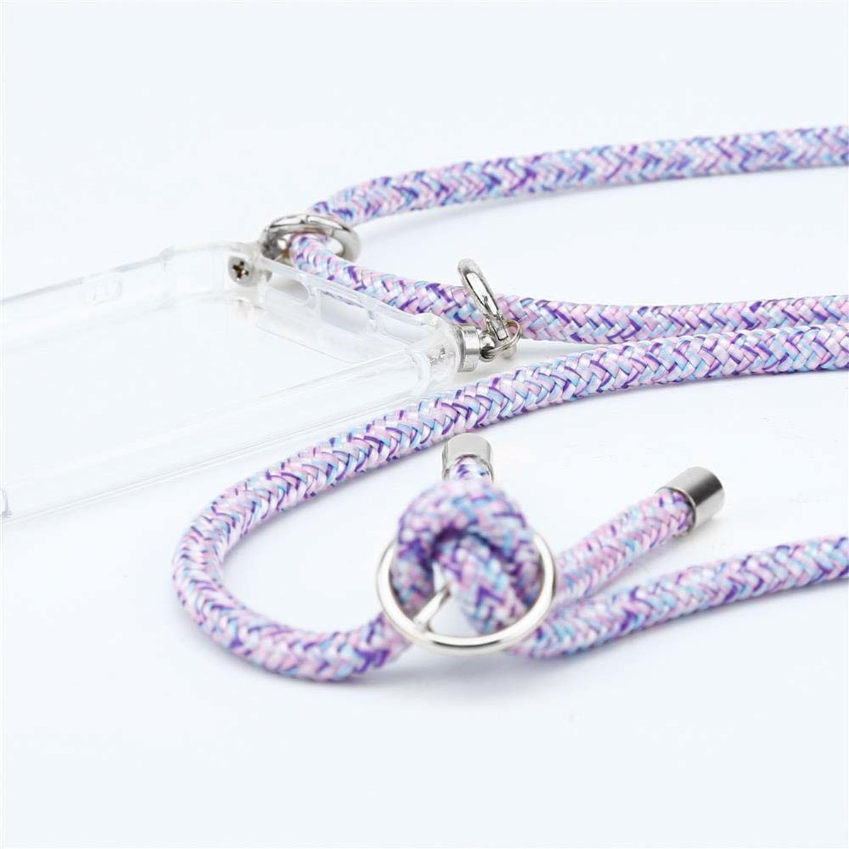 Primo piano di un cinturino per custodia del telefono in corda intrecciata viola e rosa con chiusure in metallo argentato.