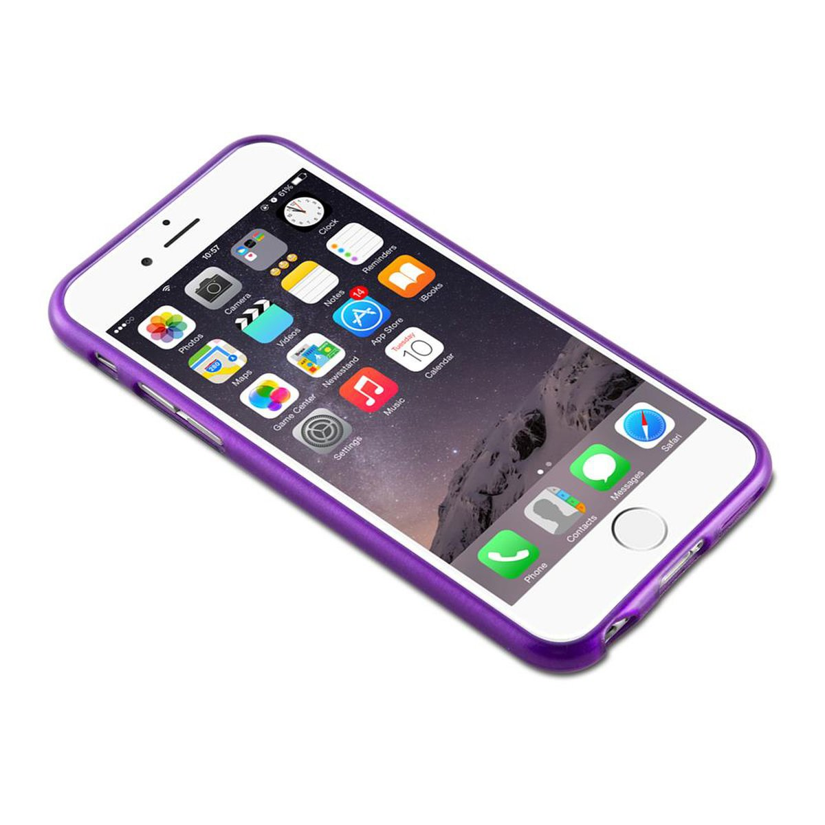 Un smartphone en una funda morada, mostrando la pantalla de inicio con iconos de aplicaciones.