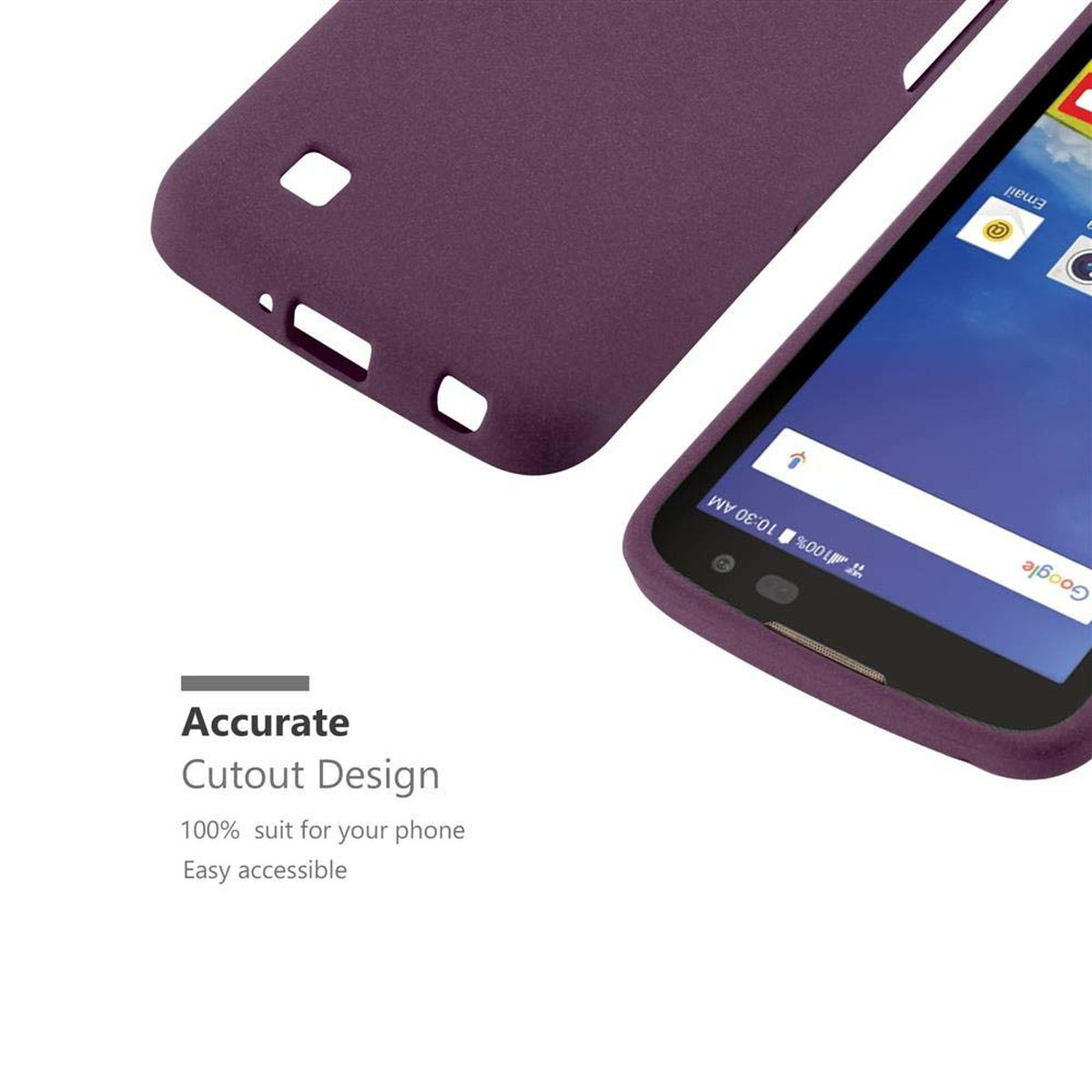 Custodia viola per telefono. Telefono parzialmente visibile. Testo 'Accurate Cutout Design' e altro.