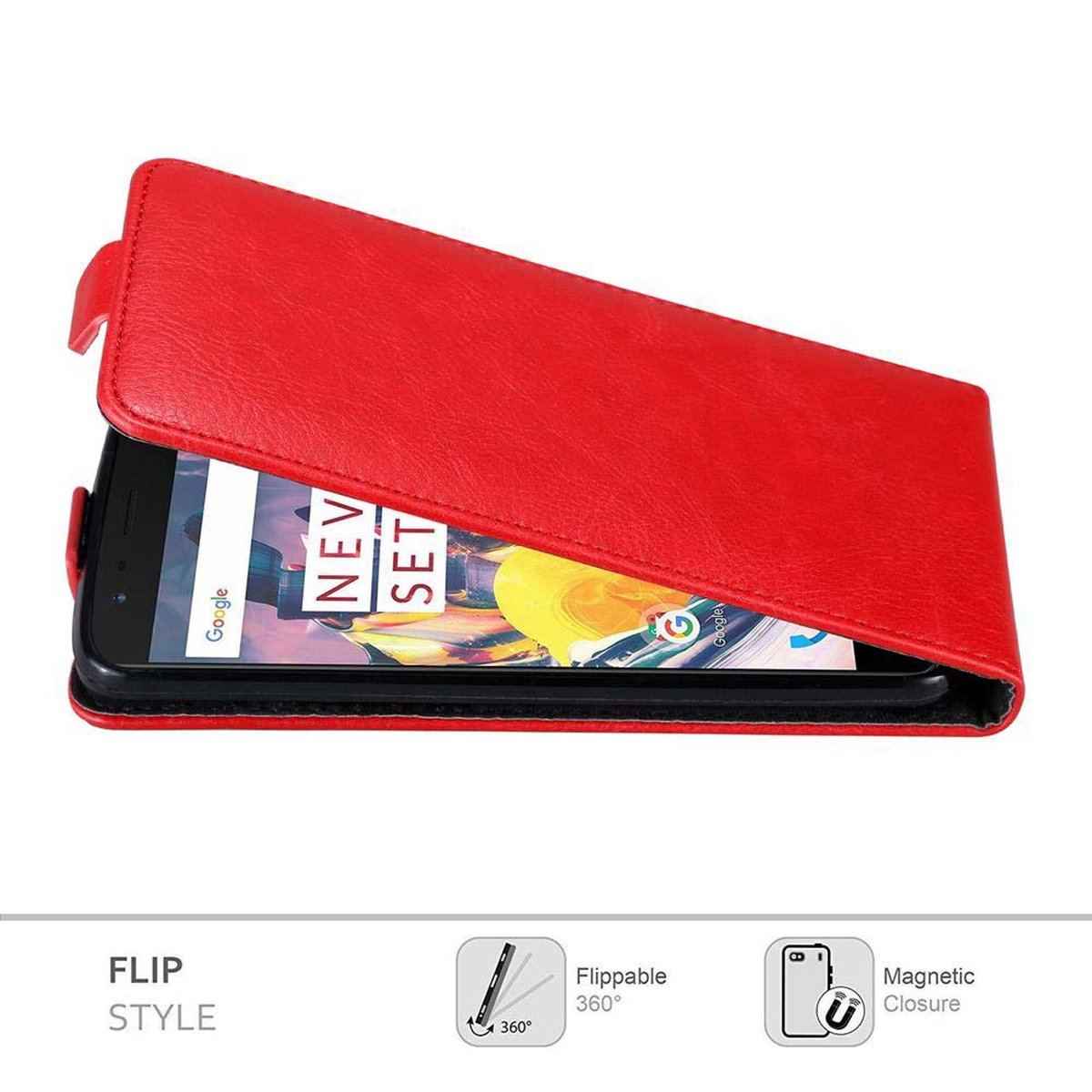 Eine rote Handyhülle ist geöffnet, wobei ein Telefon die Google-Website anzeigt. Flip-Stil.