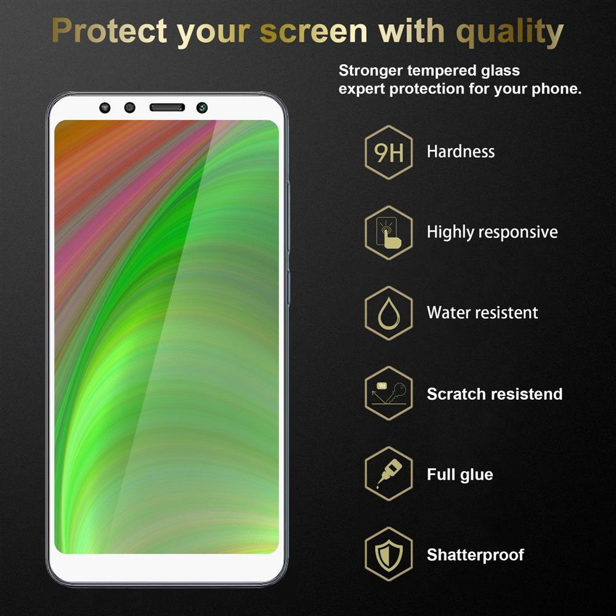Uno schermo del telefono con protezione. Caratteristiche: durezza 9H, reattivo, resistente all'acqua, ai graffi.