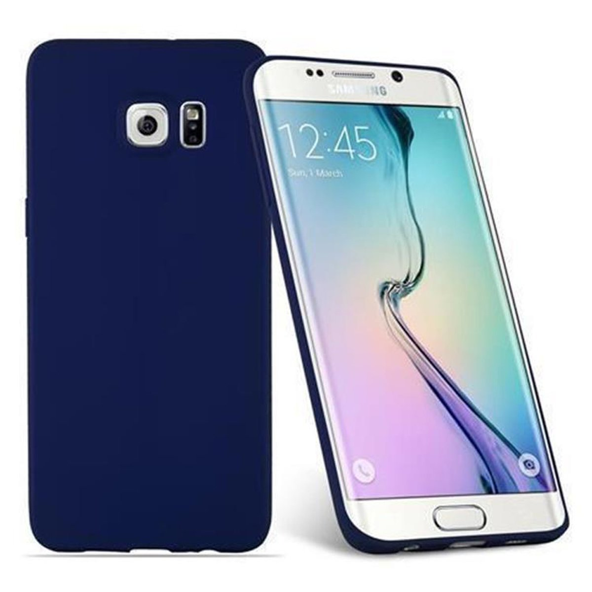 Una custodia per telefono blu navy con un telefono all'interno, in piedi, che mostra la parte posteriore del telefono.