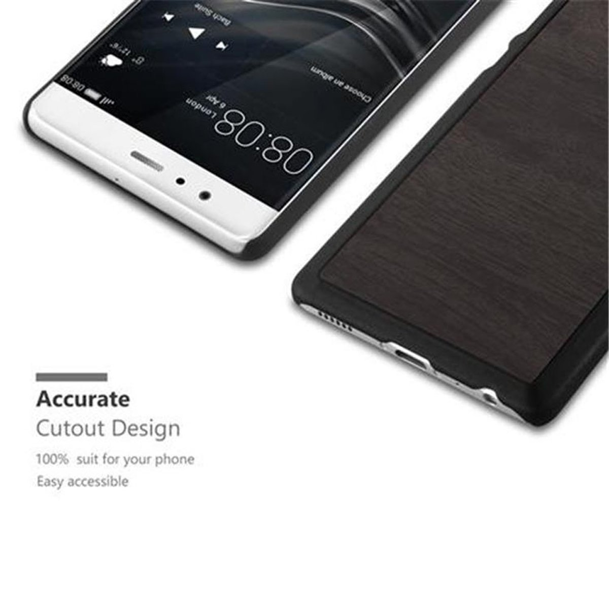 Dos teléfonos con protector de pantalla, uno con trasera de vetas de madera y texto.