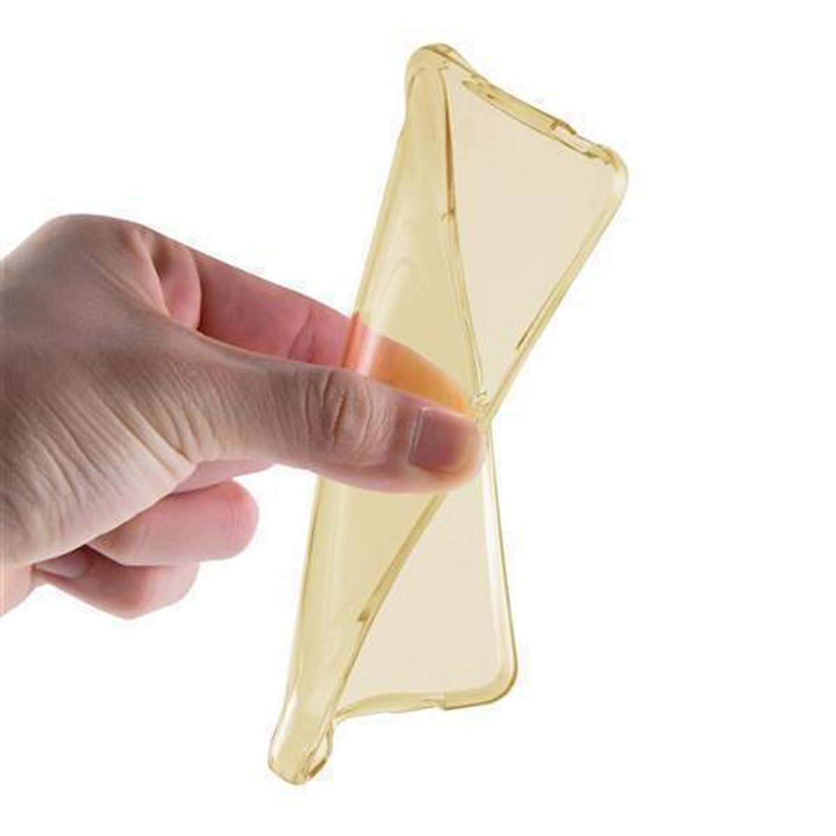 Eine Hand hält eine transparente gelbe Handyhülle. Die Hülle ist flexibel.