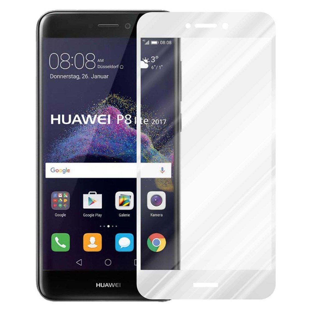 Un smartphone con protector de pantalla, mostrando iconos de aplicaciones y la hora.