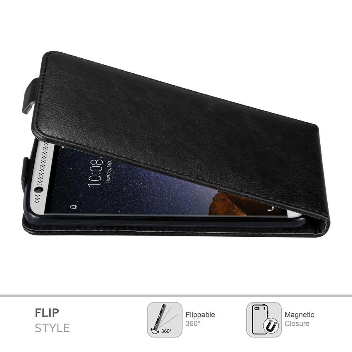 Custodia per telefono nera in stile flip. Telefono all'interno con un orologio visibile. Sfondo bianco.