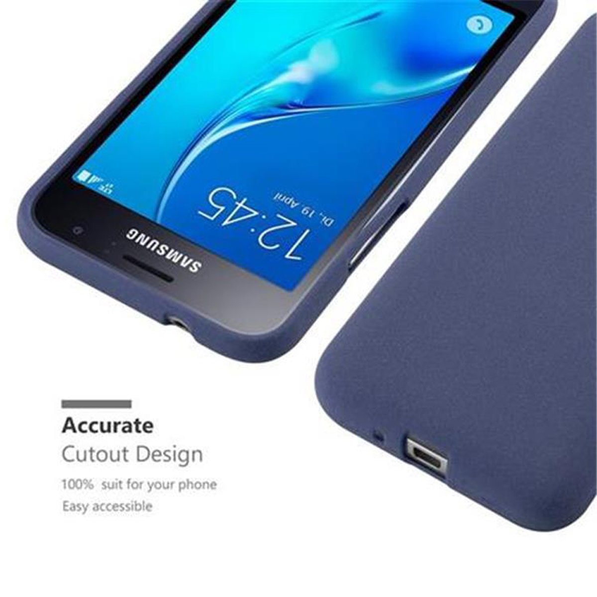 Primo piano di un telefono Samsung blu in una custodia blu. Il testo recita 'Accurate Cutout Design' e '100% suit'.
