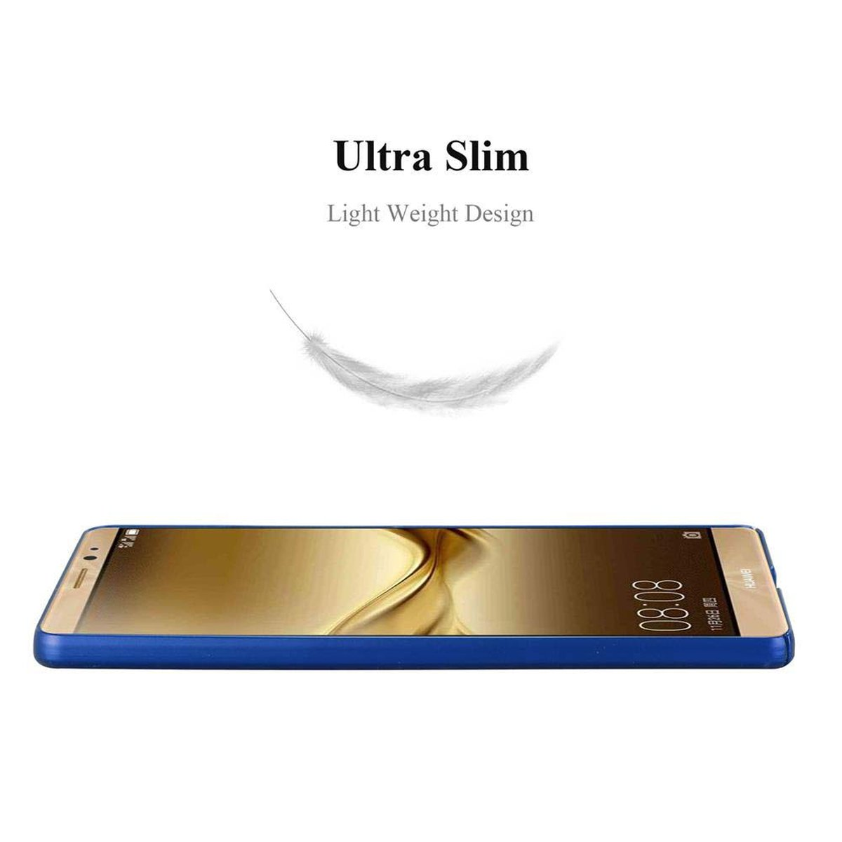 Un teléfono delgado con la pantalla hacia arriba. Una pluma sobre el teléfono, con una funda azul.